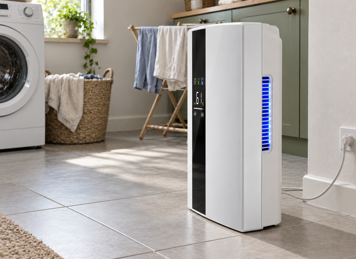 Déshumidificateur blanc avec grille latérale bleue, branché au sol dans une buanderie