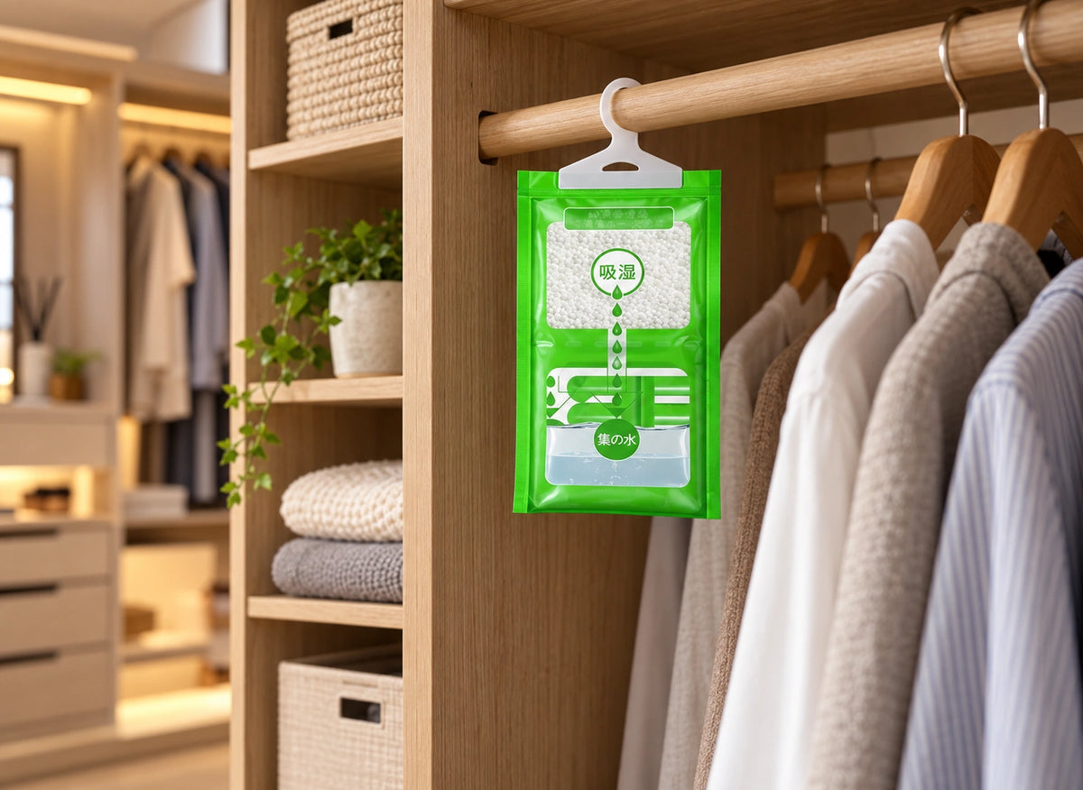Sac absorbeur d’humidité vert accroché à la tringle d’un dressing à côté de chemises