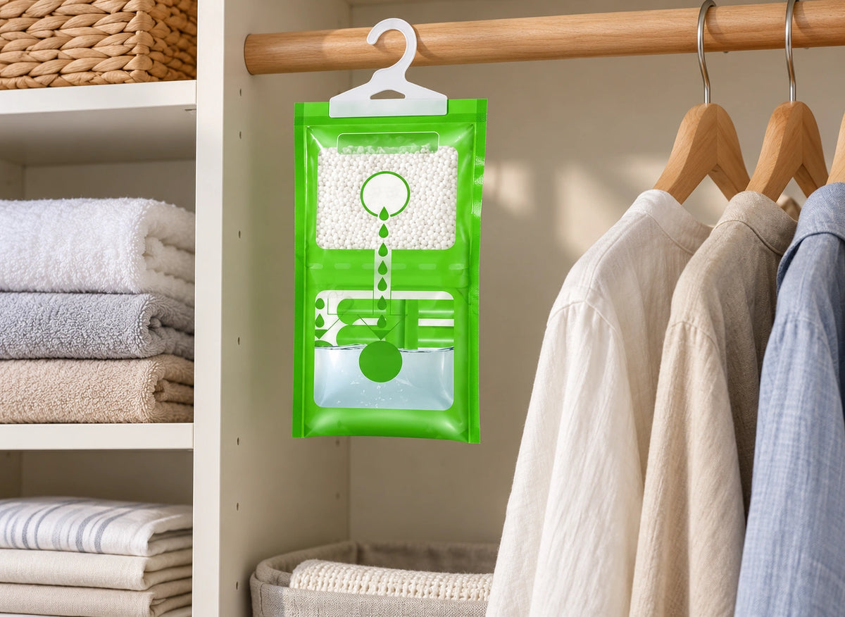 Sac absorbeur d’humidité vert suspendu près de vêtements et d’étagères de linge plié