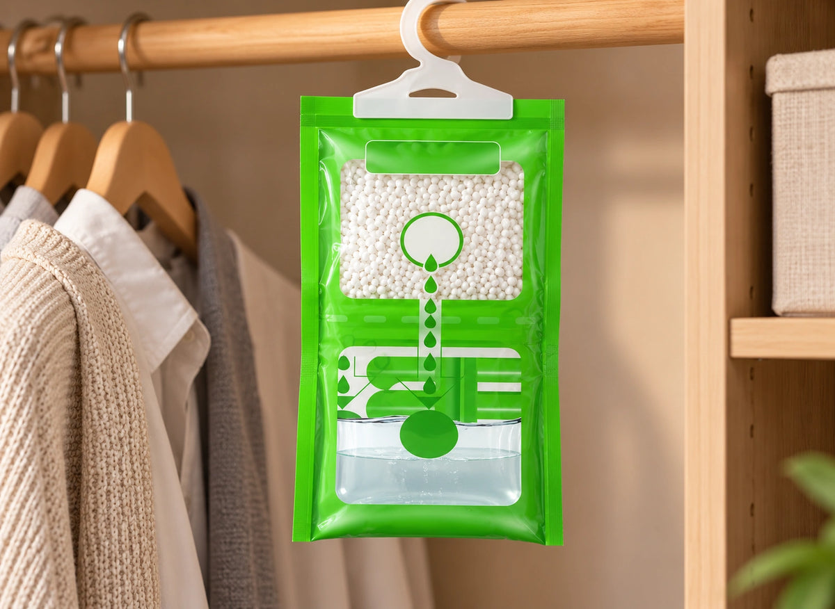 Détail des granulés blancs et du compartiment contenant du liquide dans un sac absorbeur vert