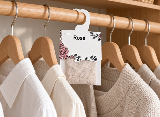 Sac absorbeur en tissu avec crochet et étiquette fleurie « Rose », suspendu entre des vêtements