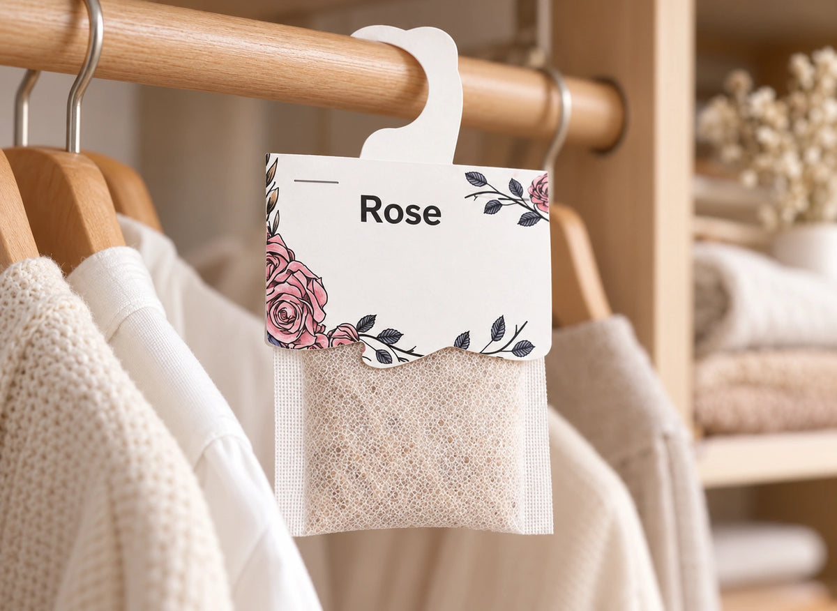 Détail du crochet, de l’étiquette fleurie « Rose » et du tissu d’un sac absorbeur suspendu