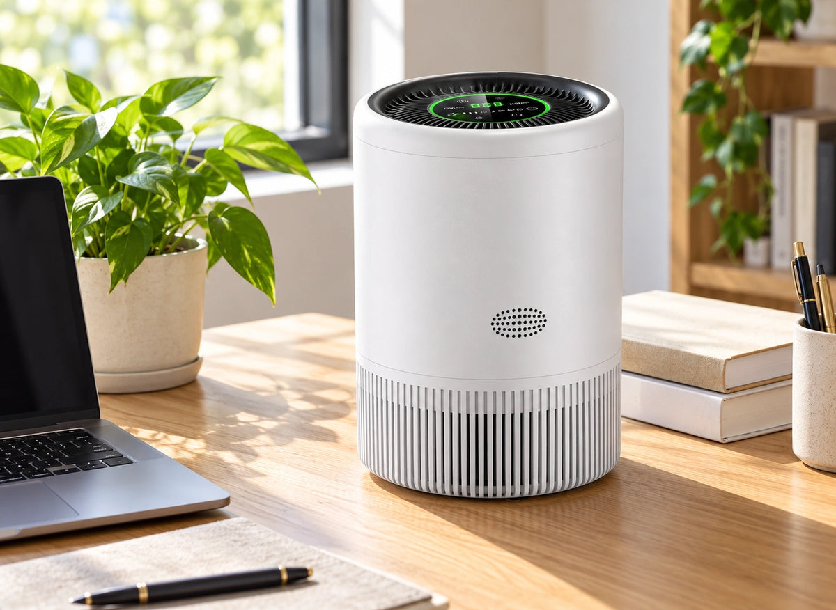 Purificateur blanc avec grille supérieure noire posé sur un bureau à côté d’un ordinateur portable