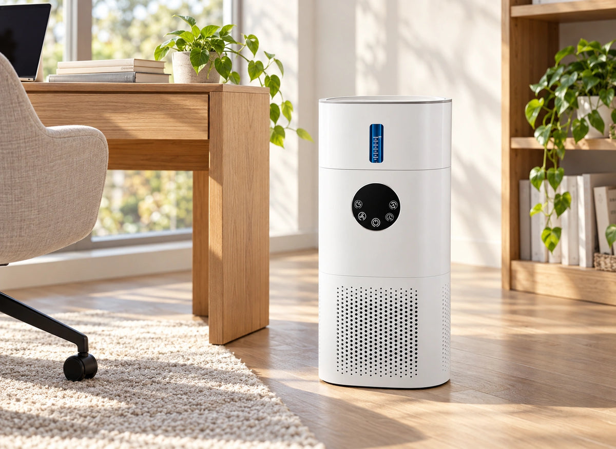 Purificateur humidificateur blanc cylindrique, posé au sol à côté d’un bureau en bois