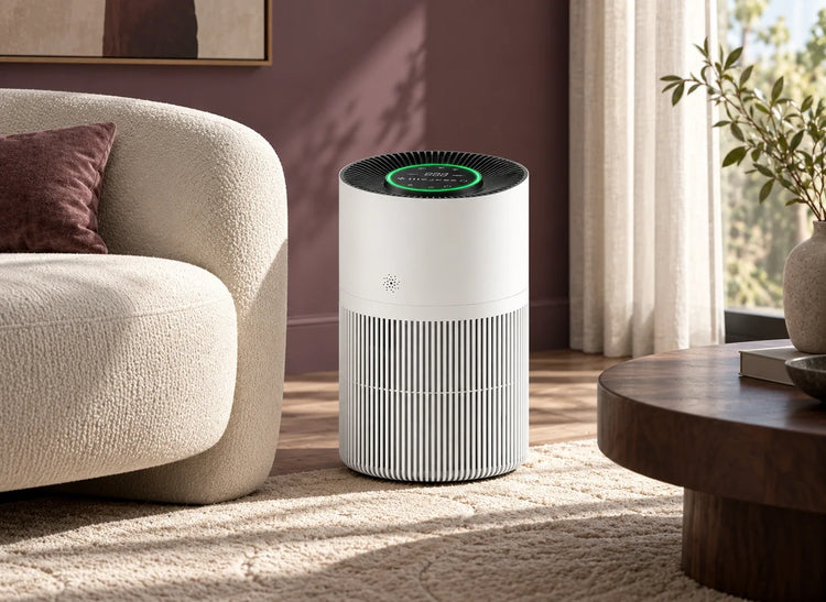 Purificateur d’air blanc dans un salon aux tons prune