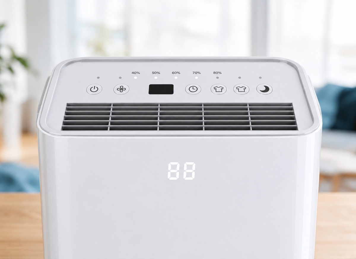 Panneau supérieur du déshumidificateur avec boutons, indicateurs d’humidité et grille de ventilation