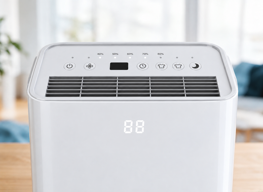 Panneau supérieur du déshumidificateur avec boutons, indicateurs d’humidité et grille de ventilation