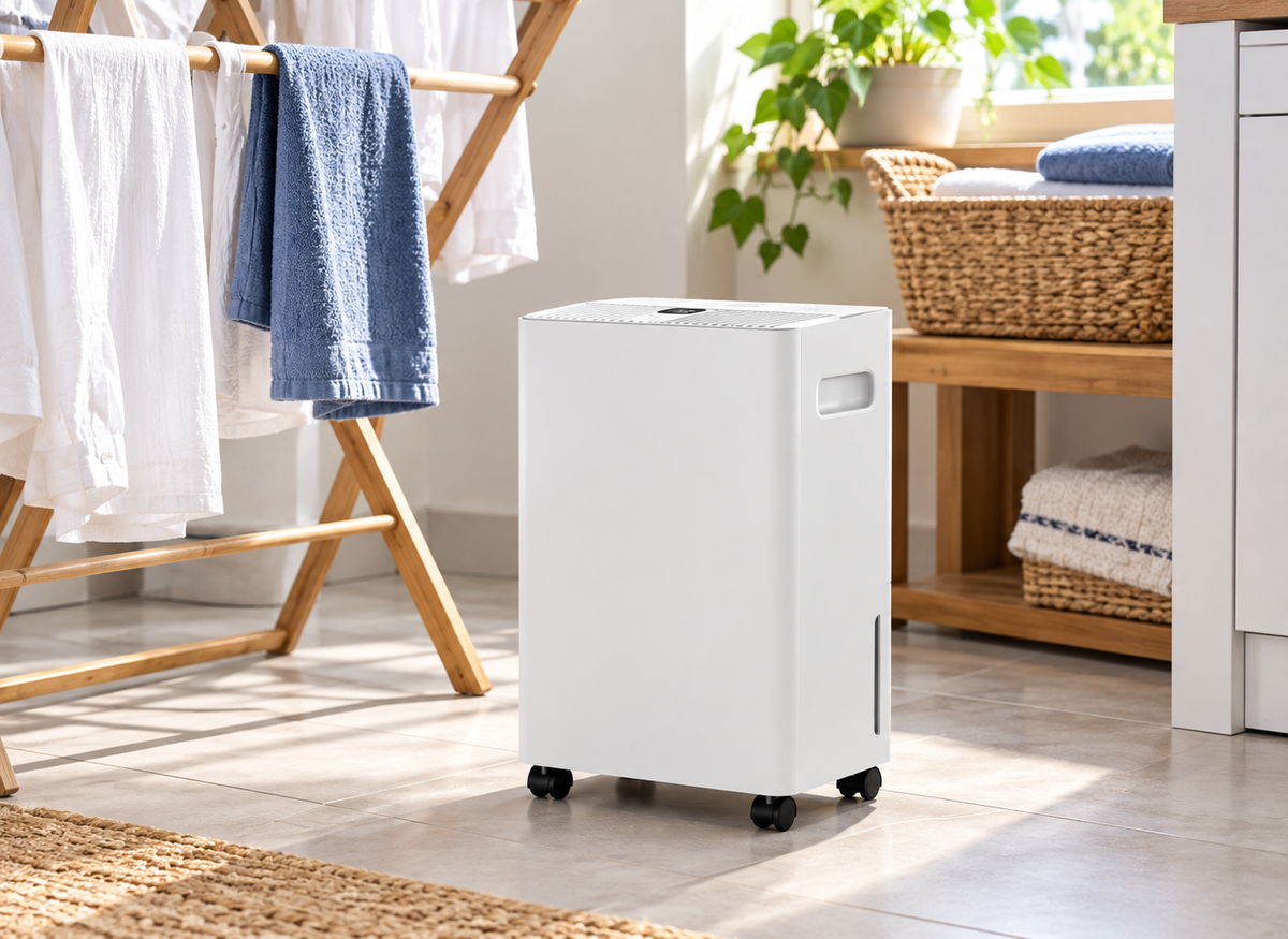 Déshumidificateur blanc sur roulettes, présenté dans une buanderie près d’un étendoir à linge