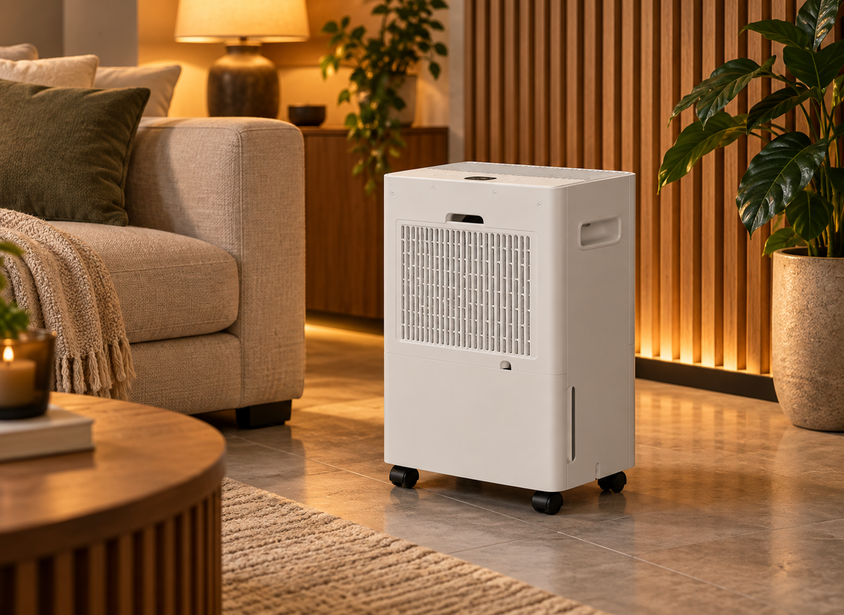 Vue arrière du déshumidificateur blanc montrant la grille amovible, le bac inférieur et les roulettes