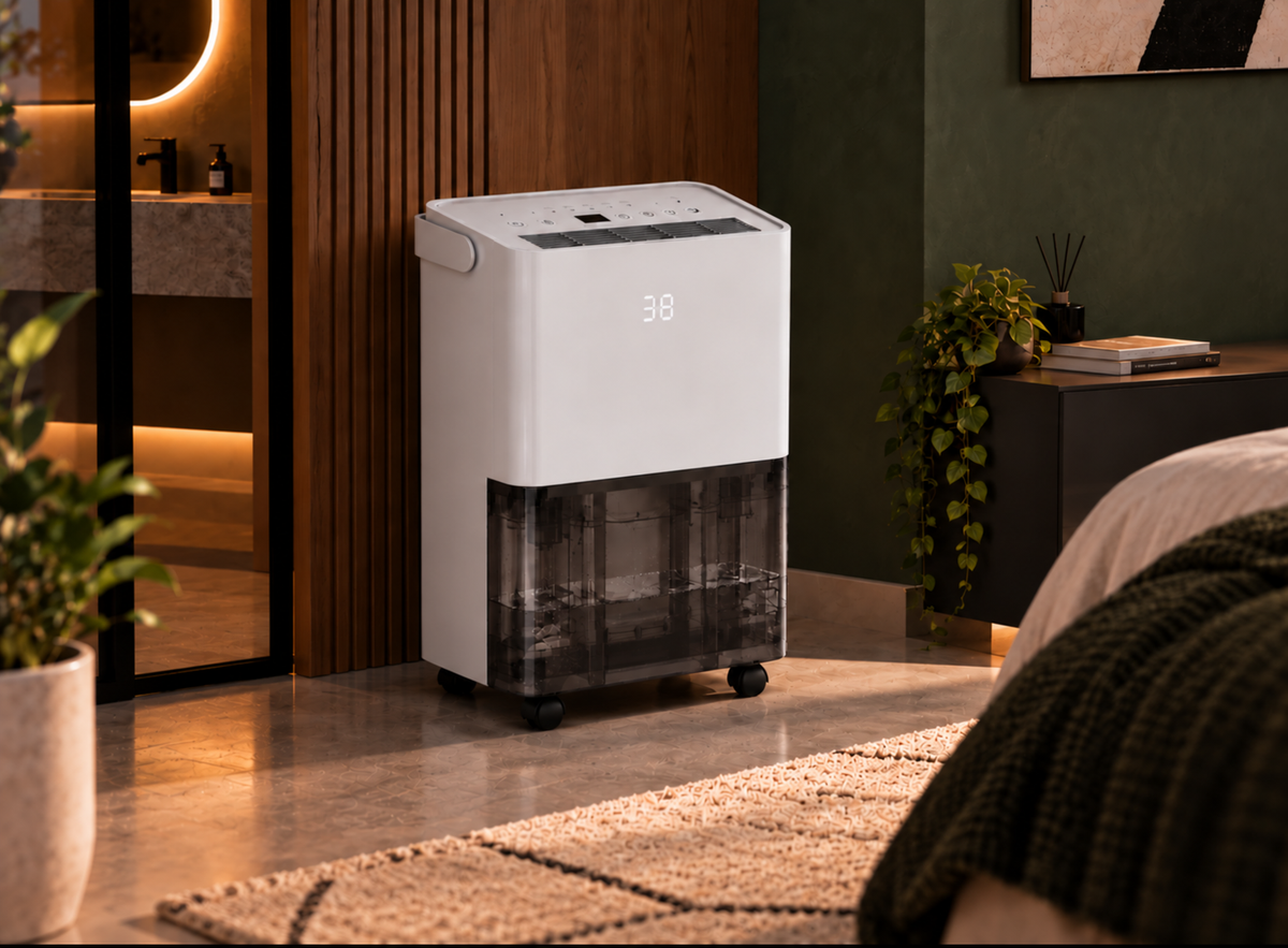Déshumidificateur blanc sur roulettes avec réservoir transparent, présenté dans une chambre près d’une salle d’eau