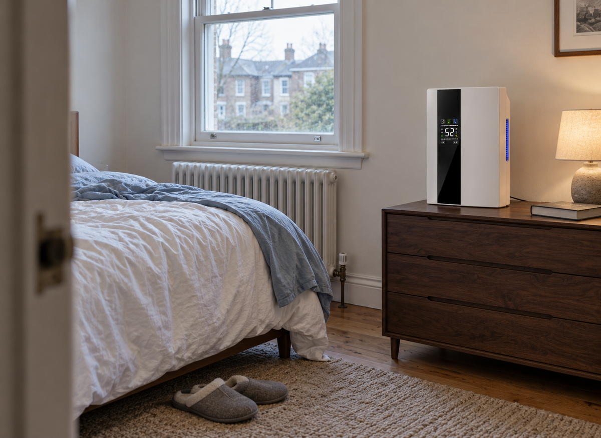 Déshumidificateur blanc avec écran en façade, posé sur une commode à côté d’un lit