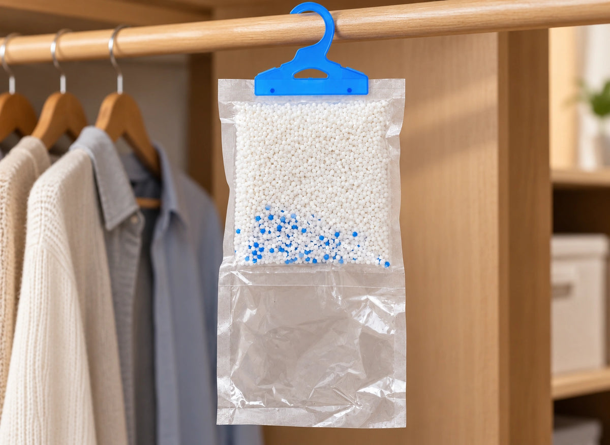 Détail du crochet bleu, des granulés et de la poche inférieure d’un sac absorbeur transparent