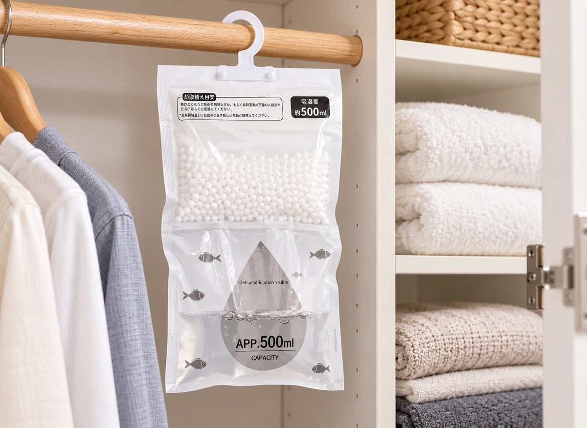 Sac absorbeur blanc accroché à une tringle près de chemises et d’étagères de serviettes