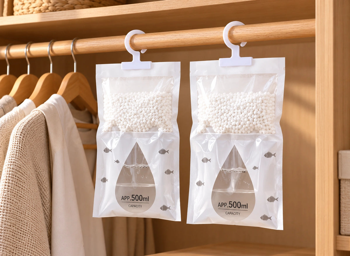 Deux sacs absorbeurs blancs suspendus côte à côte dans une armoire