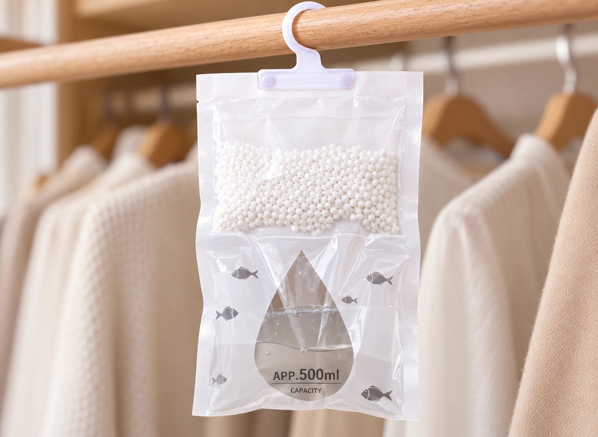 Détail du crochet, des granulés et du compartiment inférieur transparent d’un sac absorbeur blanc