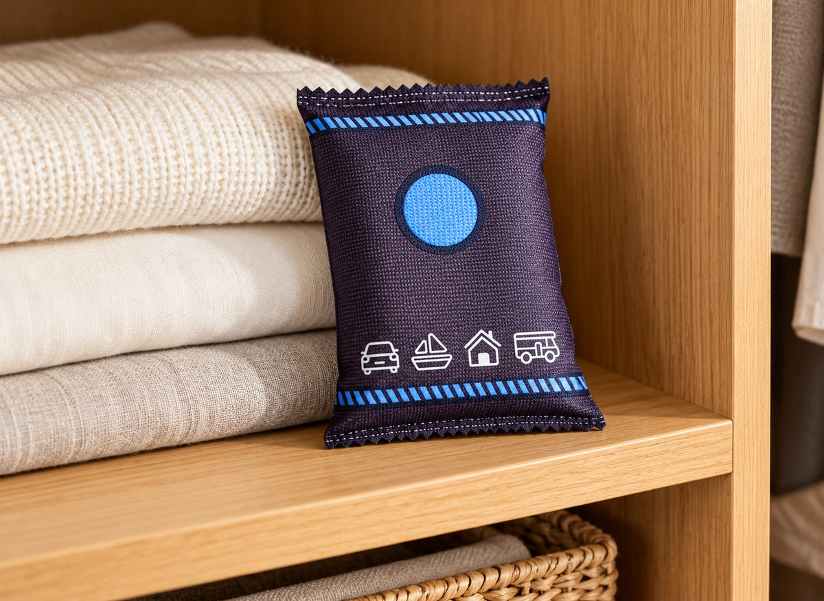 Sachet déshydratant sombre avec pastille bleue posé sur une étagère à côté de linge plié