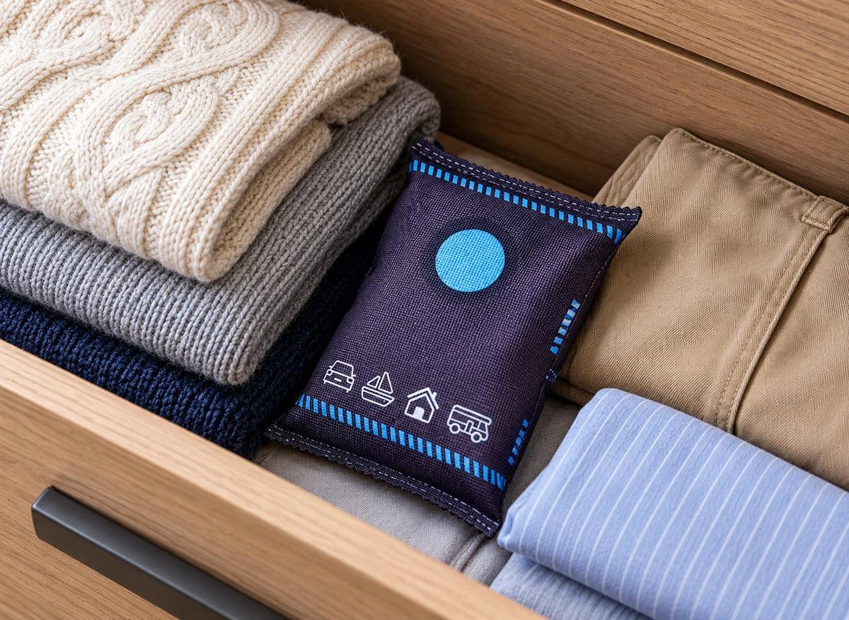 Sachet déshydratant sombre avec pastille bleue placé entre des vêtements pliés dans un tiroir