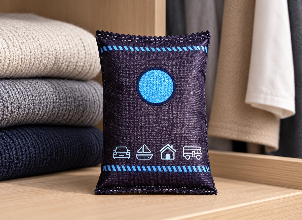 Détail d’un sachet déshydratant sombre avec pastille bleue et pictogrammes blancs