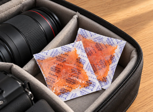 Deux sachets de gel de silice à billes orange placés dans un sac pour appareil photo