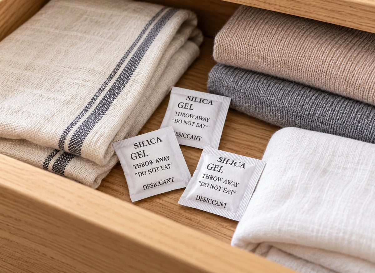 Trois sachets blancs de gel de silice placés entre du linge plié dans un tiroir