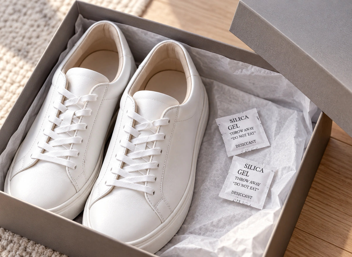 Deux sachets de gel de silice placés à côté de baskets blanches dans une boîte à chaussures