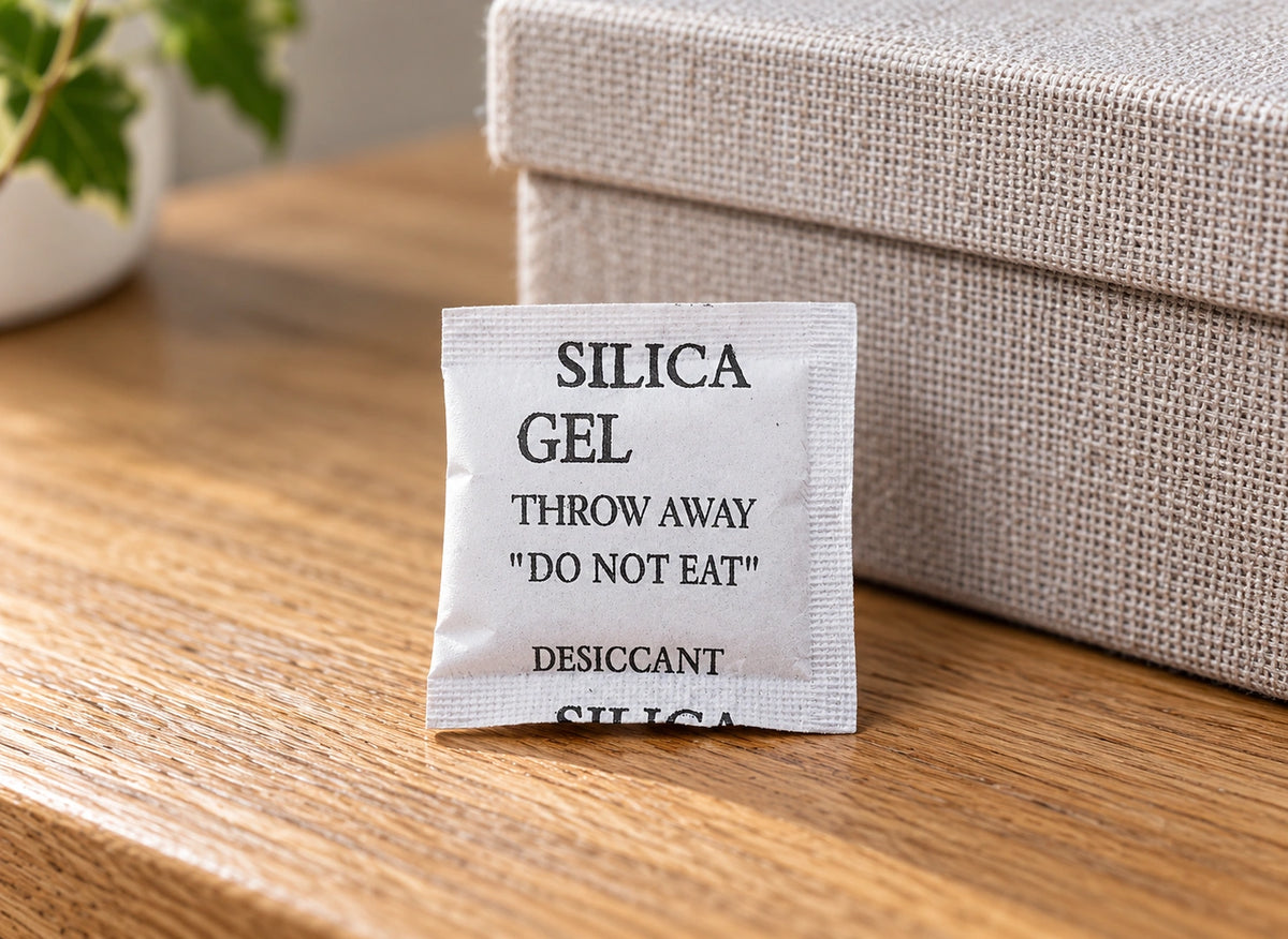 Détail d’un sachet blanc de gel de silice portant la mention de ne pas ingérer