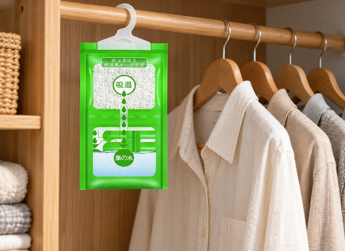 Sac absorbeur d’humidité vert suspendu dans une armoire, avec granulés blancs et compartiment inférieur transparent