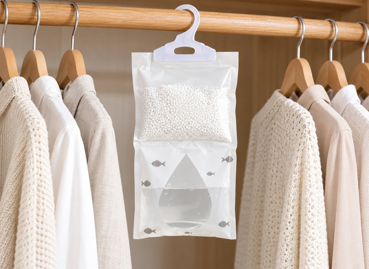 Sac absorbeur blanc suspendu entre des vêtements, avec granulés et fenêtre en forme de goutte
