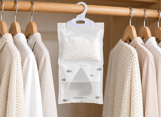 Sac absorbeur blanc suspendu entre des vêtements, avec granulés et fenêtre en forme de goutte