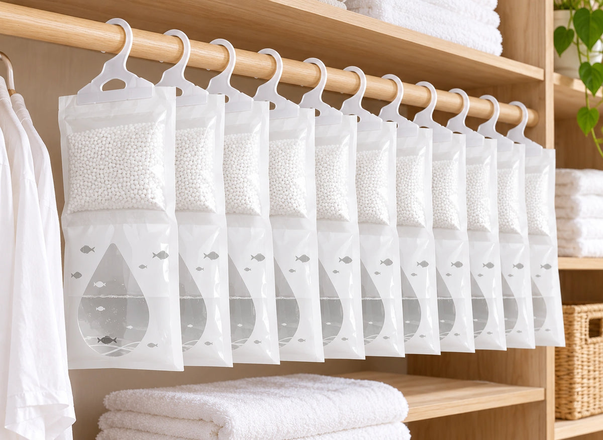 Rangée de sacs absorbeurs blancs accrochés à la tringle d’une armoire près de linge plié
