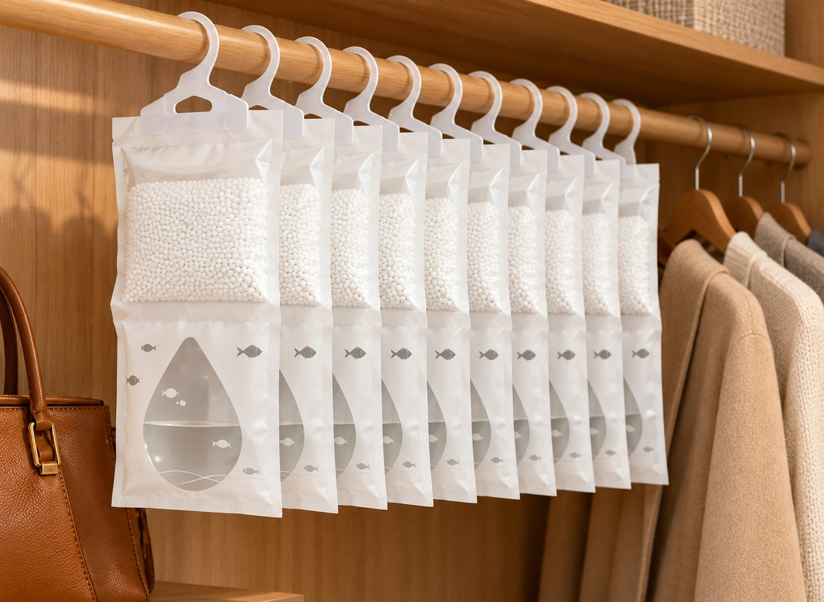 Sacs absorbeurs blancs suspendus côte à côte dans un dressing près de manteaux et d’un sac à main