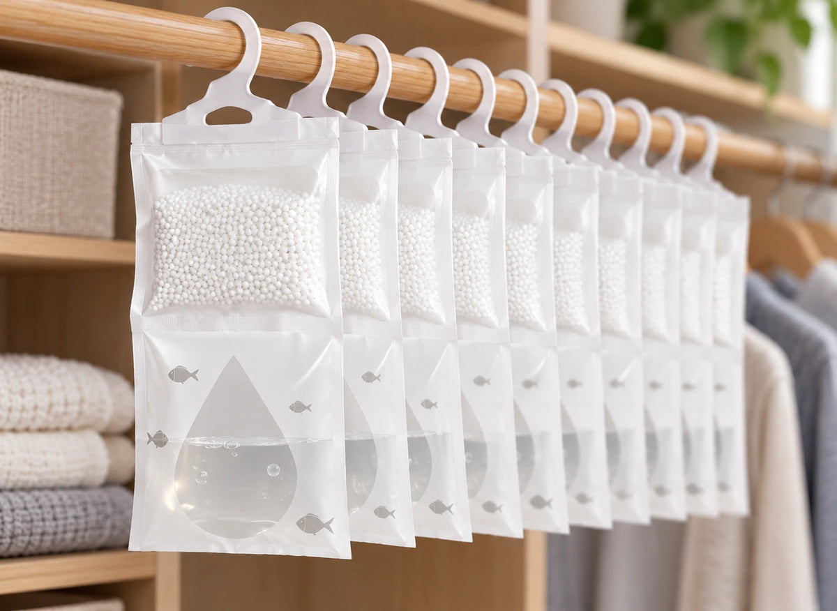 Détail des crochets blancs, des granulés et des fenêtres transparentes de sacs absorbeurs suspendus