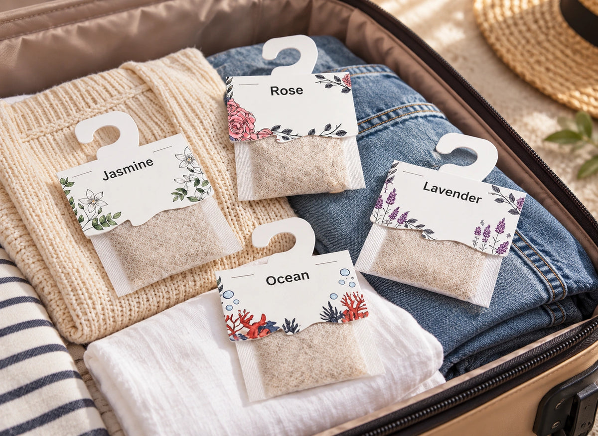 Quatre sacs en tissu avec crochets et étiquettes Jasmine, Rose, Lavender et Ocean posés dans une valise