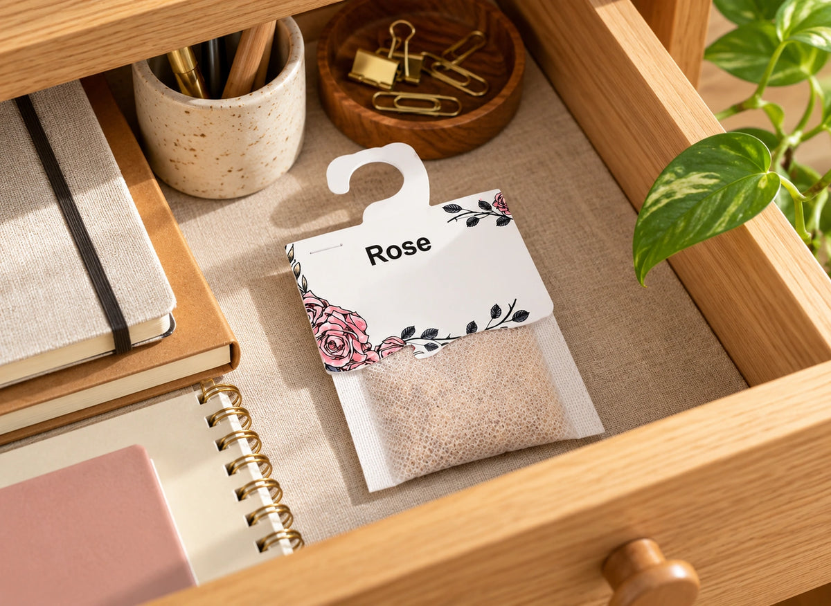 Sac absorbeur en tissu avec étiquette « Rose » posé dans un tiroir près de carnets et de stylos
