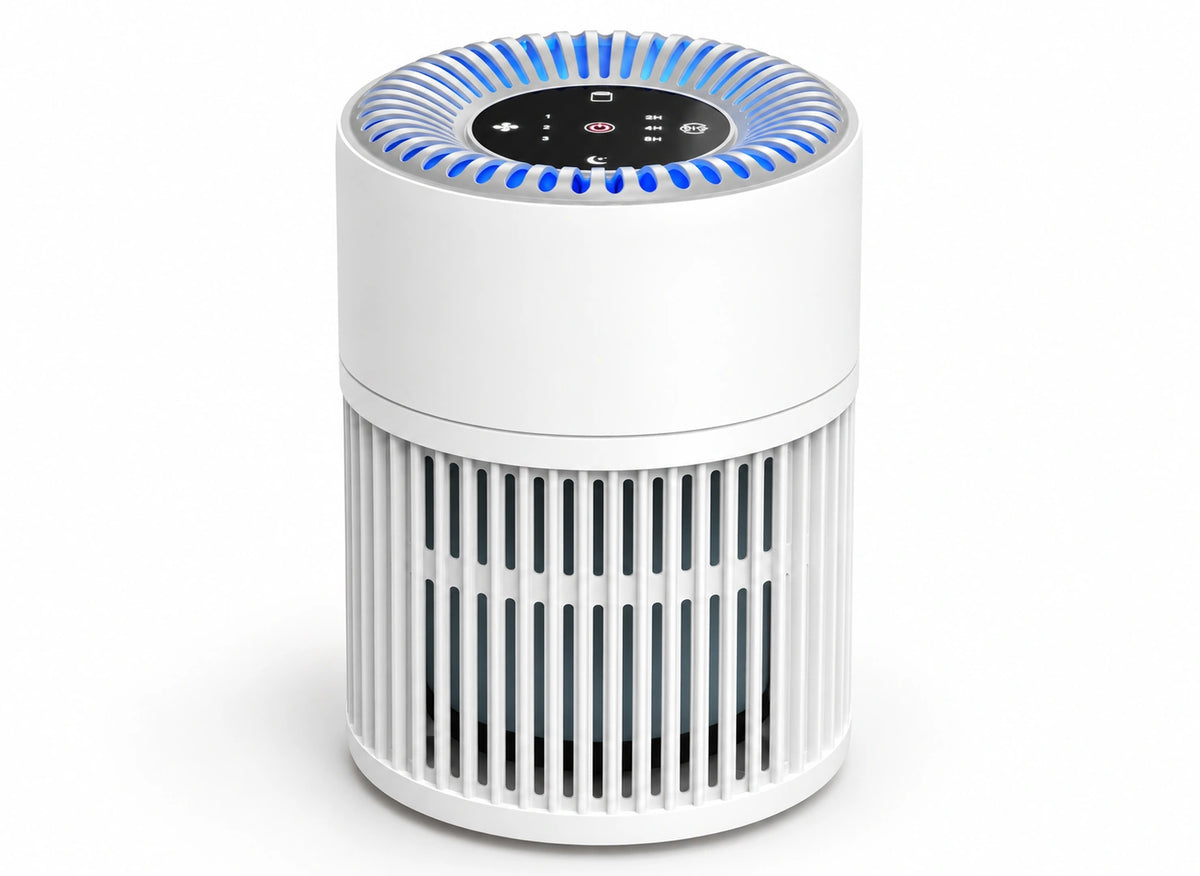 Purificateur d'air compact HEPA H13 – 12 W, minuterie et mode veille — produit sur fond blanc