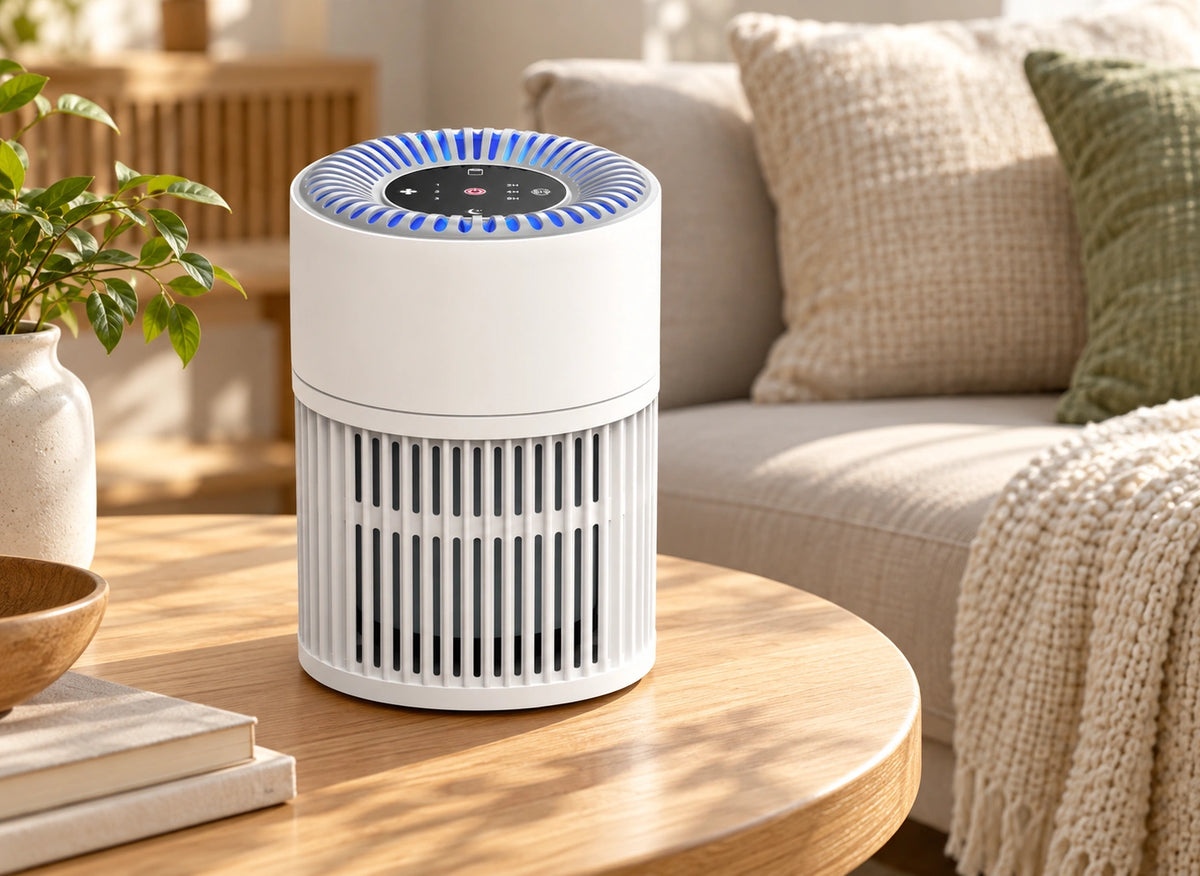 Purificateur compact blanc cylindrique, posé sur une table basse devant un canapé