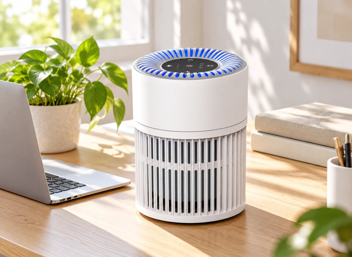 Purificateur compact blanc cylindrique, posé sur un bureau à côté d’un ordinateur portable