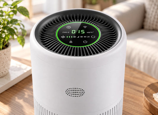 Détail du panneau supérieur noir du purificateur, avec affichage PM2,5 et anneau lumineux vert