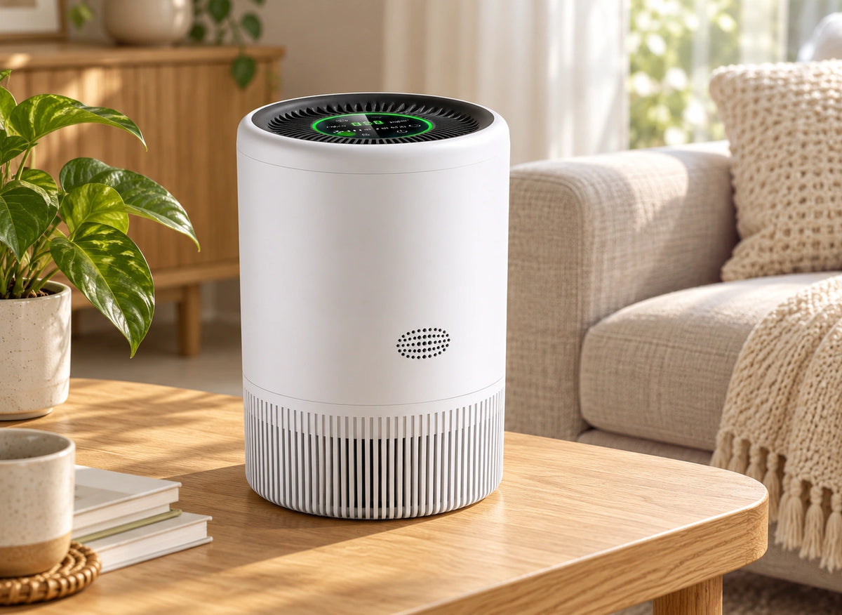 Purificateur blanc avec grille supérieure noire posé sur une table basse devant un canapé