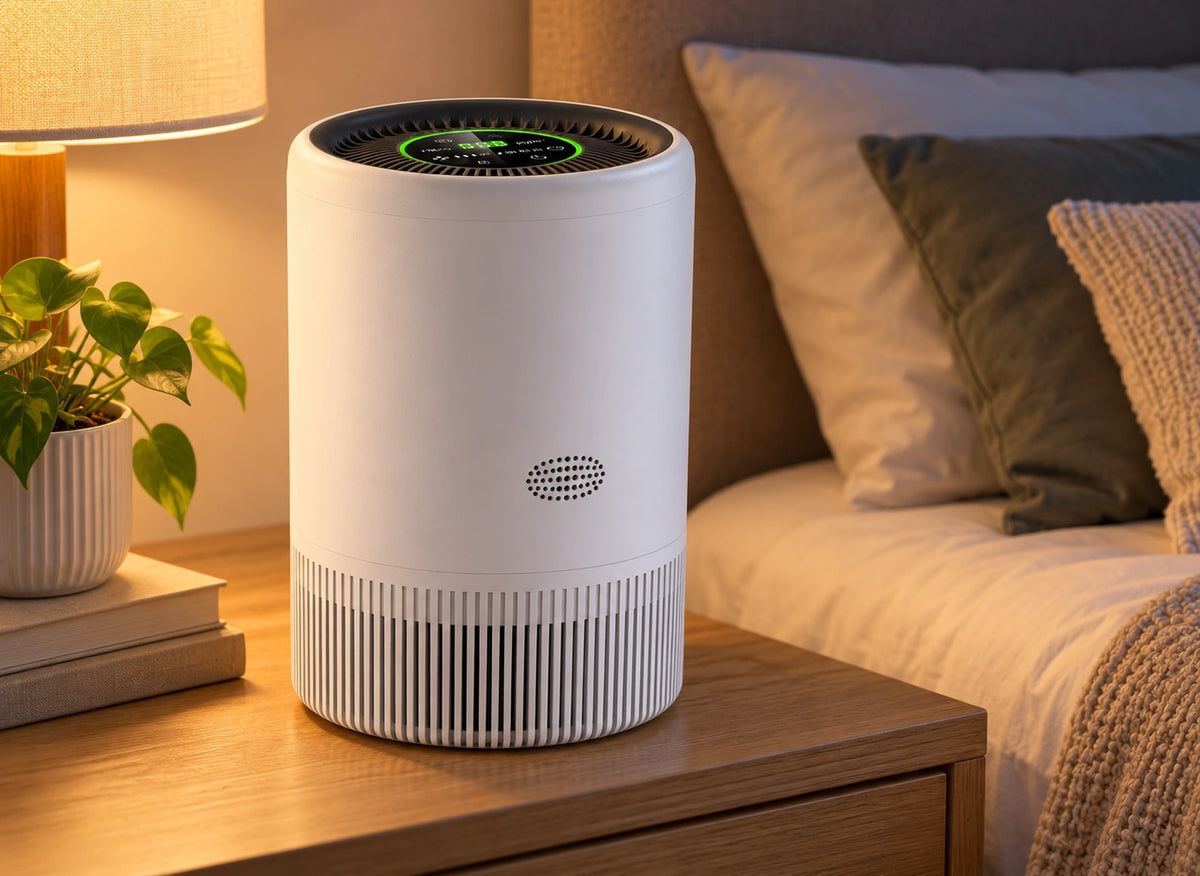 Purificateur blanc avec grille supérieure noire posé sur une table de chevet près d’un lit