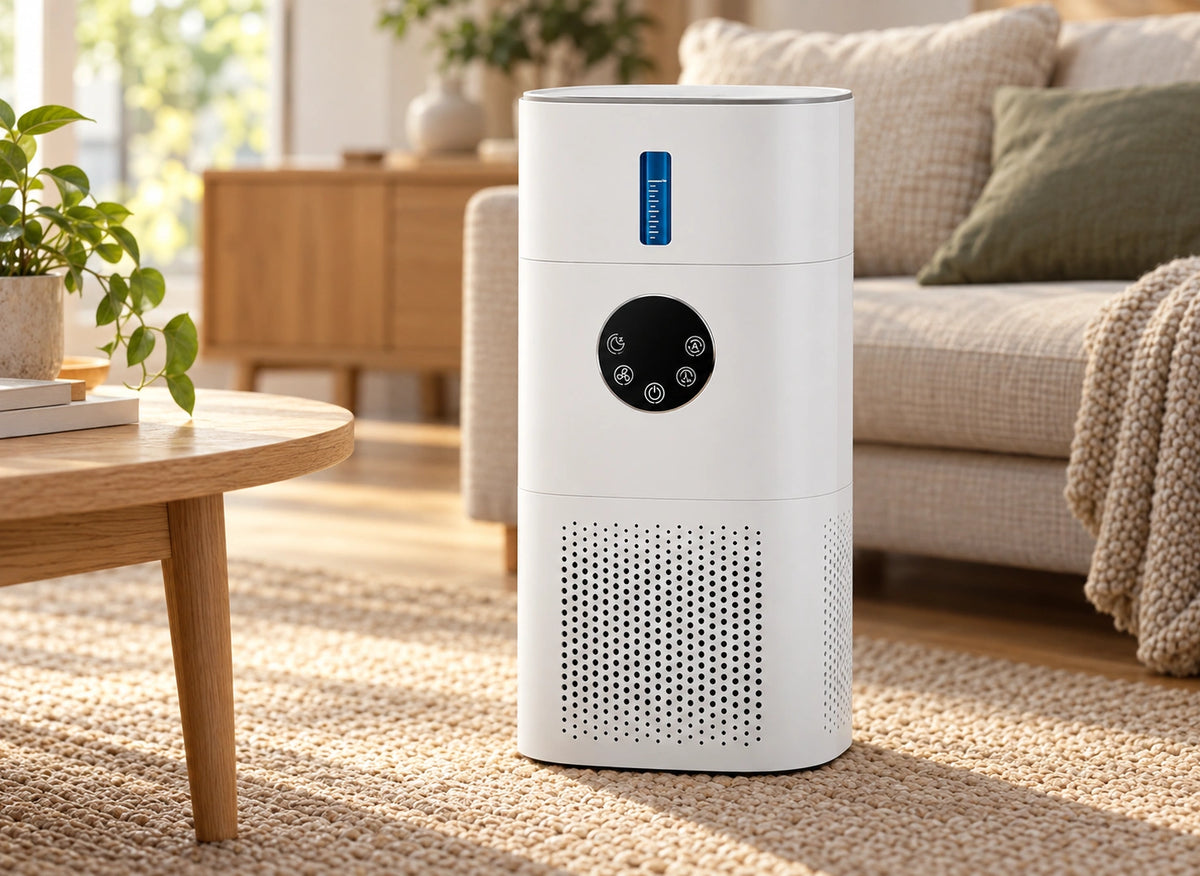 Vue de face du purificateur humidificateur blanc, montrant l’indicateur de niveau bleu et le panneau de commande rond