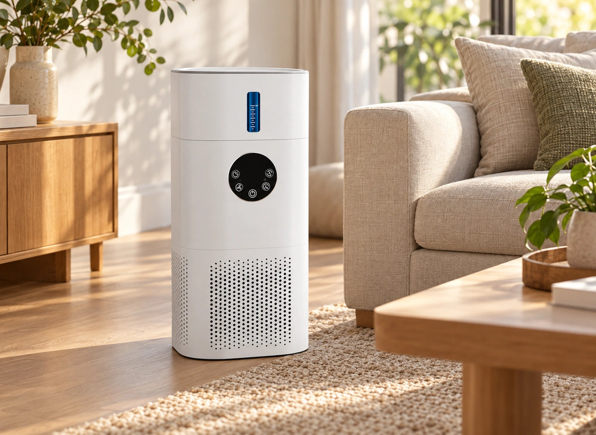 Purificateur humidificateur blanc cylindrique, posé au sol à côté d’un canapé