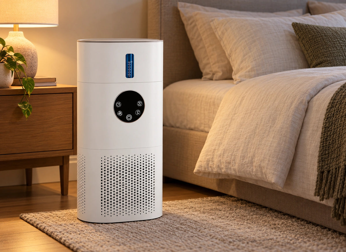 Purificateur humidificateur blanc avec indicateur de niveau bleu, posé près d’un lit et d’une table de chevet