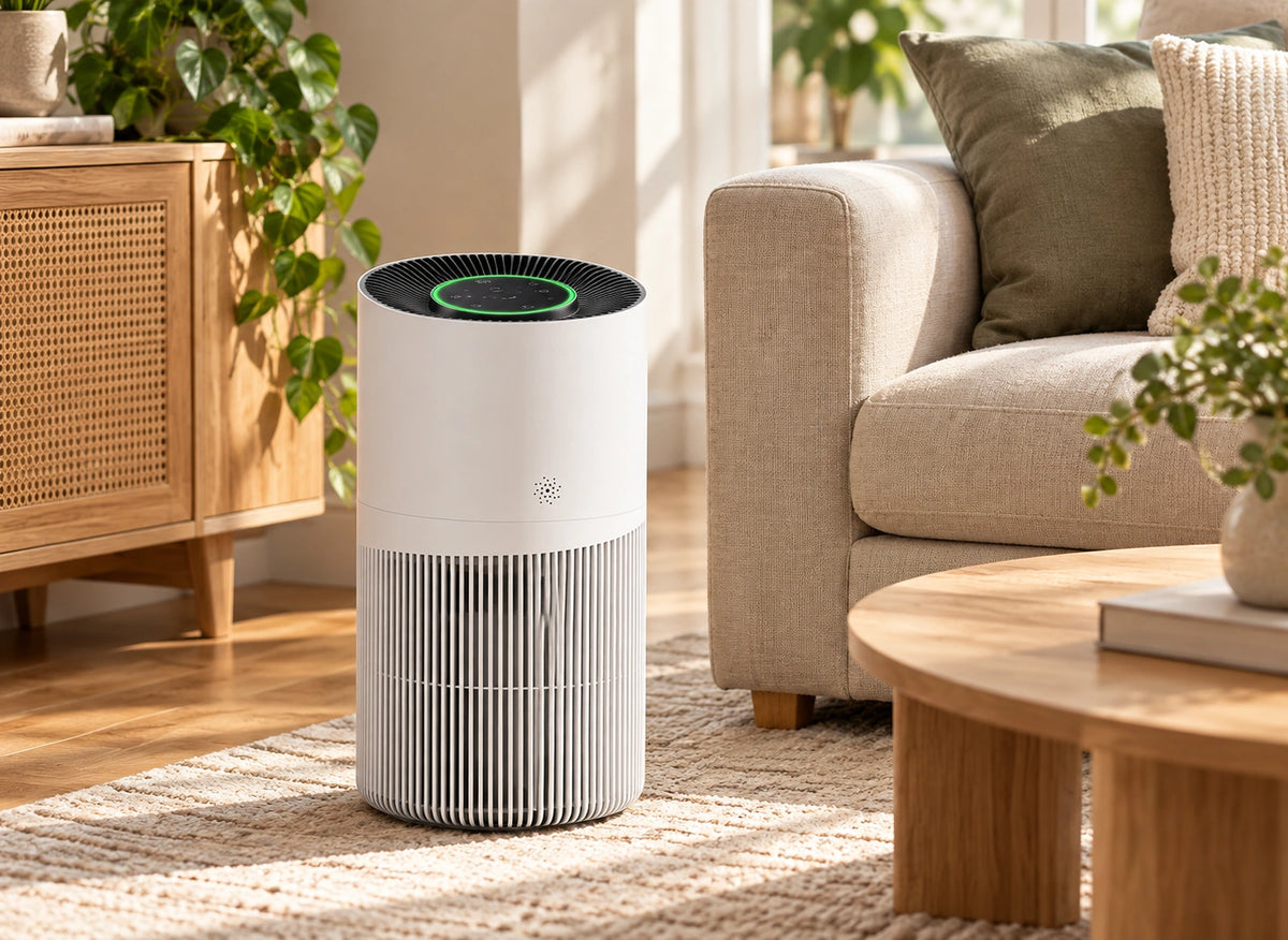 Purificateur blanc cylindrique avec grille verticale, posé au sol près d’un canapé et d’un buffet en bois