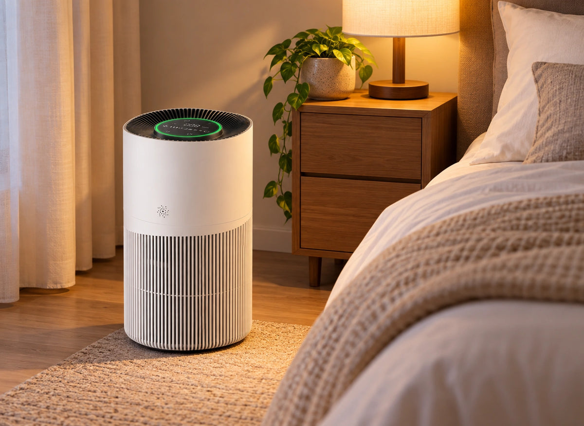 Purificateur blanc cylindrique avec anneau lumineux vert, posé près du lit et d’une table de chevet
