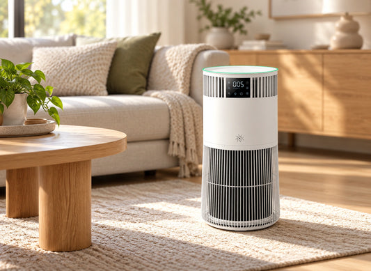 Purificateur grand format blanc avec grilles verticales et écran numérique en façade