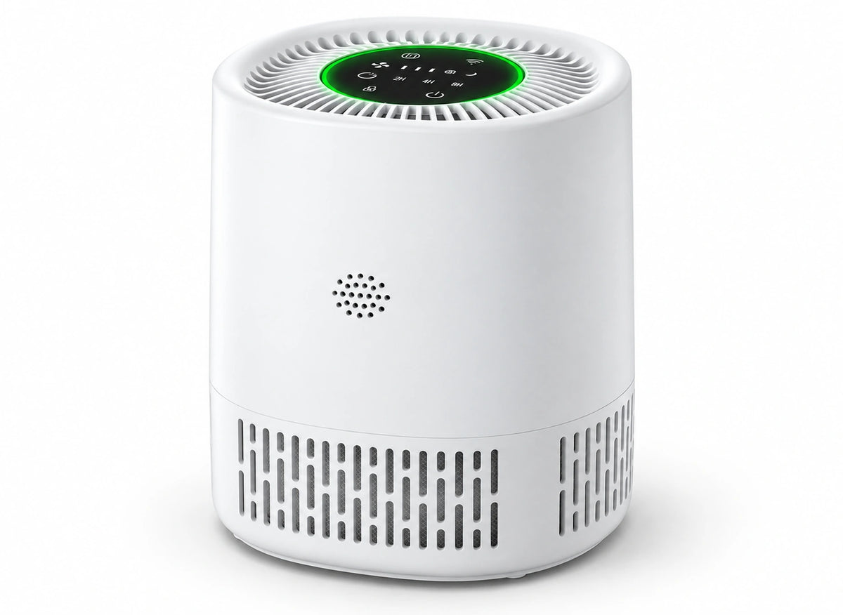 Purificateur d'air compact HEPA H13 avec capteur PM2,5 — fond blanc