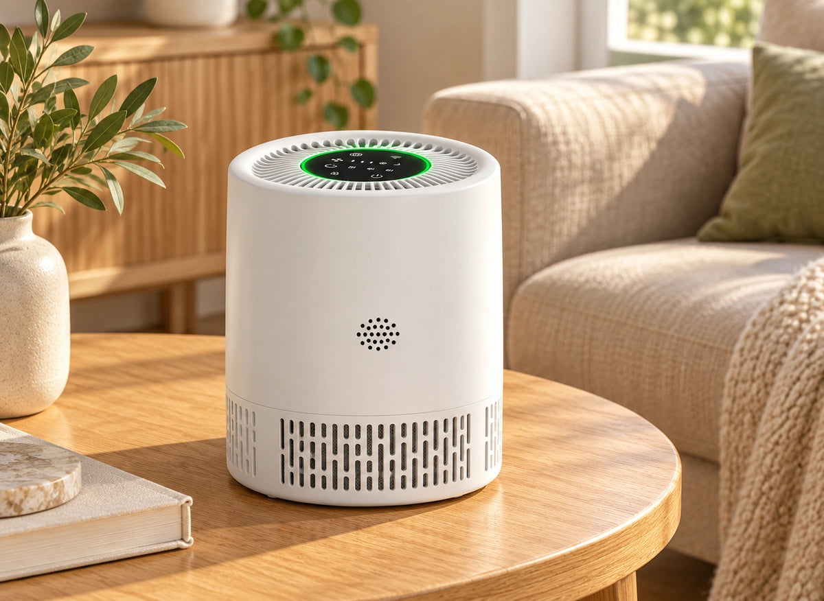 Purificateur compact blanc avec anneau lumineux vert, posé sur une table basse devant un canapé