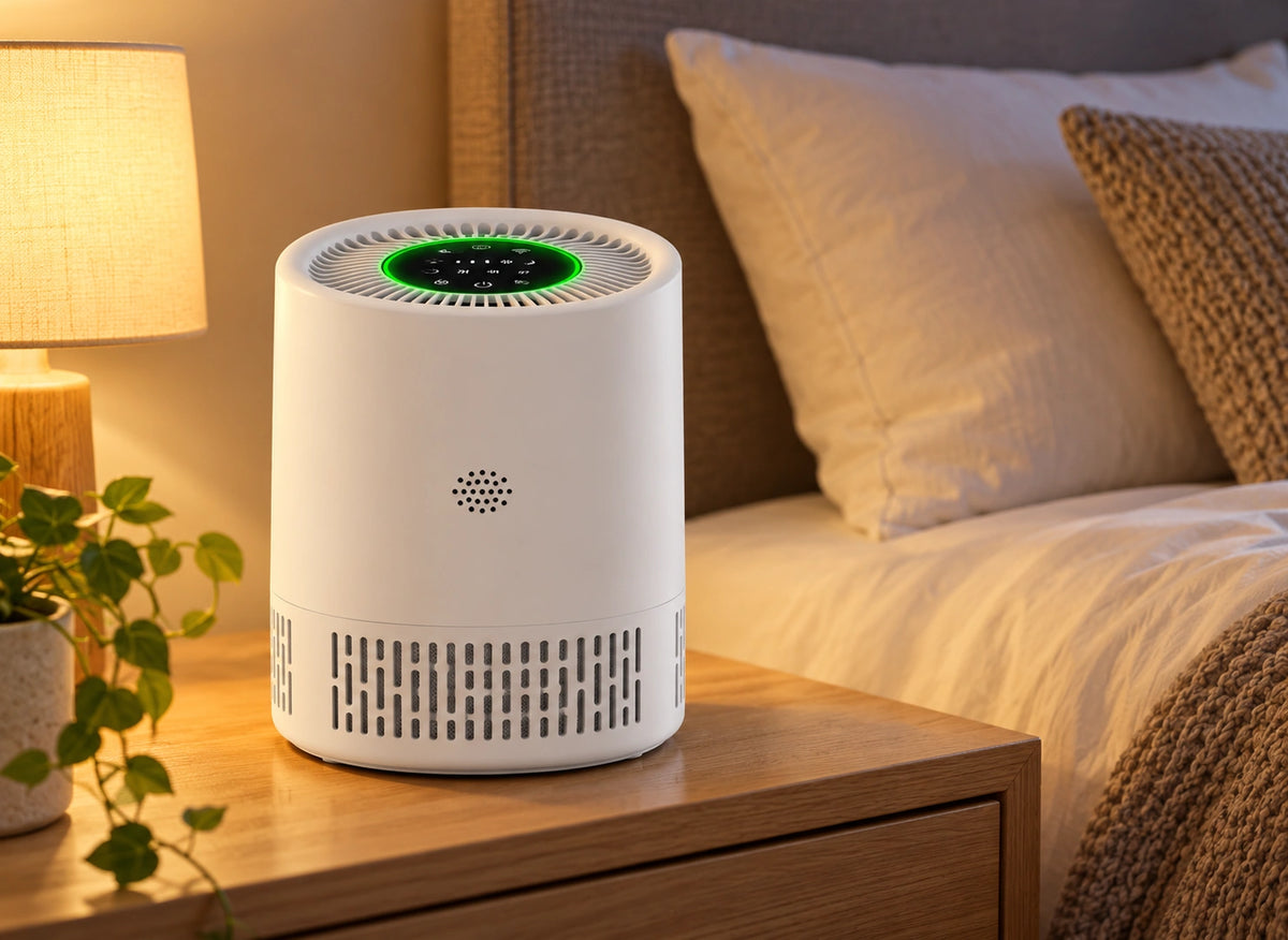 Purificateur compact blanc avec anneau lumineux vert, posé sur une table de chevet près d’un lit