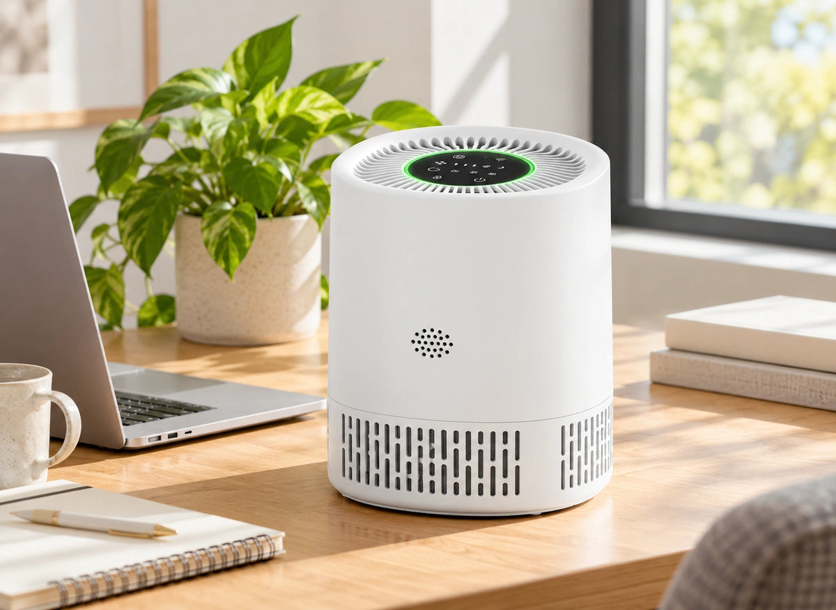 Purificateur compact blanc posé sur un bureau à côté d’un ordinateur portable et d’un carnet